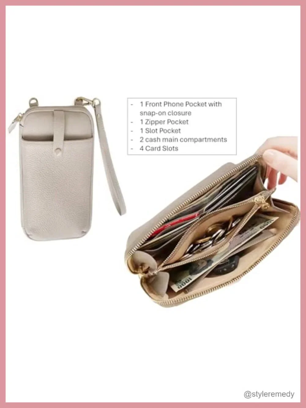 Genuine Cowhide Leather Small Crossbody Bag Wristlet Wallet with Card Slots & 2